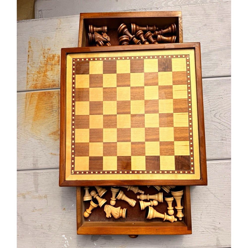 Wood Inlaid Chess Set w/ Storage Drawer, Brown/Tan Classic Board & Pieces